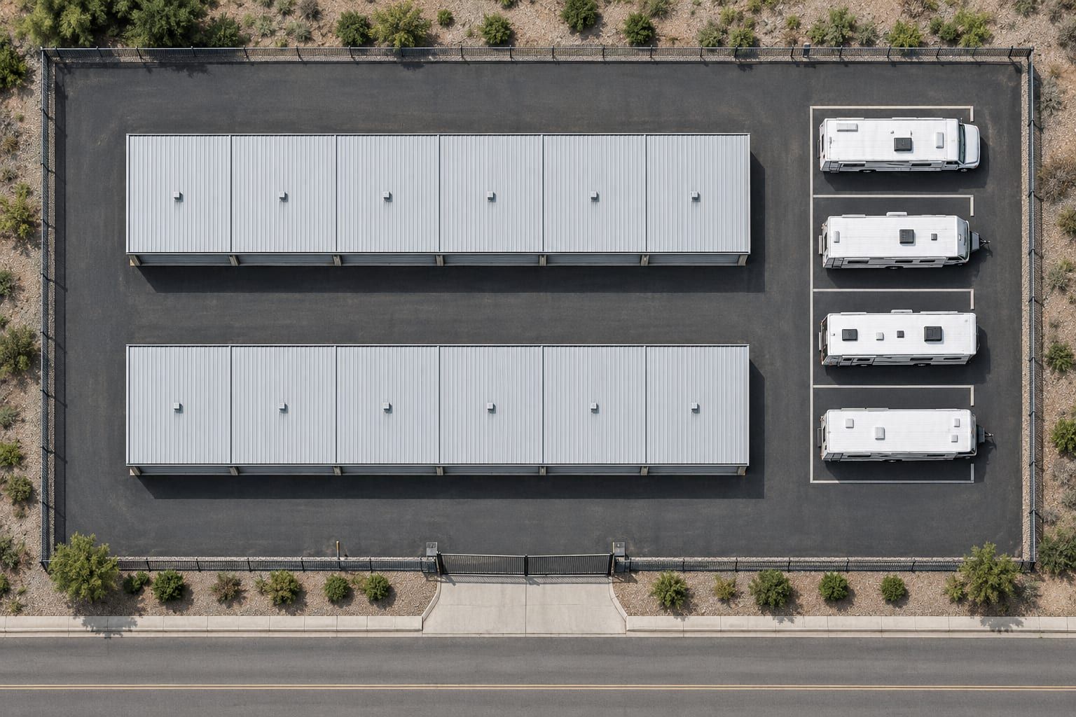 Illustrative aerial view of a storage facility with two six-bay buildings, four RV parking spaces, and a front entrance.